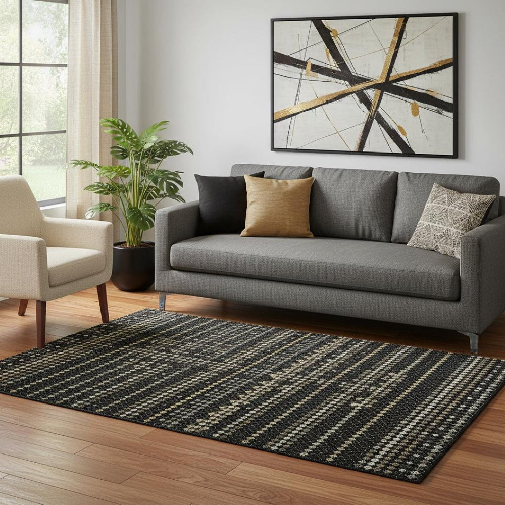 HomeRoots 5' Stylish Black, Gold & Silver Striped Washable Area Rug - UV Protection & Easy Care for Busy Homes 693512
