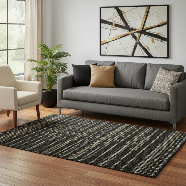 HomeRoots 5' Stylish Black, Gold & Silver Striped Washable Area Rug - UV Protection & Easy Care for Busy Homes 693512