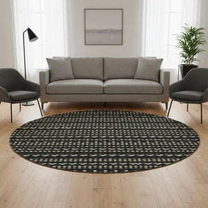 HomeRoots 8' X 8' Striking Black Gold Silver Striped Round Rug - Washable, Stain-Resistant, UV Protected! 693513