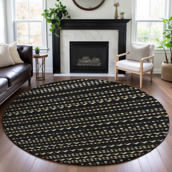HomeRoots 8' X 8' Striking Black Gold Silver Striped Round Rug - Washable, Stain-Resistant, UV Protected! 693513
