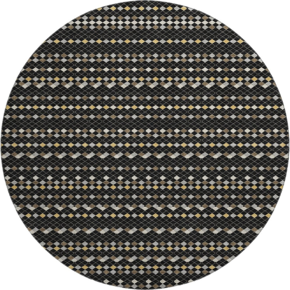 HomeRoots 8' X 8' Striking Black Gold Silver Striped Round Rug - Washable, Stain-Resistant, UV Protected! 693513