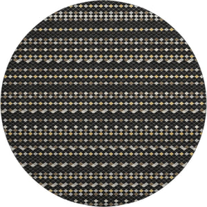 HomeRoots 8' X 8' Striking Black Gold Silver Striped Round Rug - Washable, Stain-Resistant, UV Protected! 693513