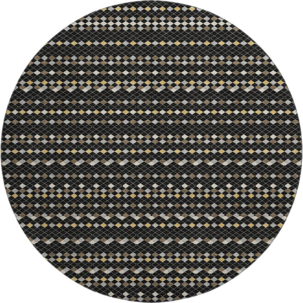 HomeRoots 8' X 8' Striking Black Gold Silver Striped Round Rug - Washable, Stain-Resistant, UV Protected! 693513