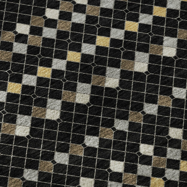 HomeRoots 8' X 8' Striking Black Gold Silver Striped Round Rug - Washable, Stain-Resistant, UV Protected! 693513