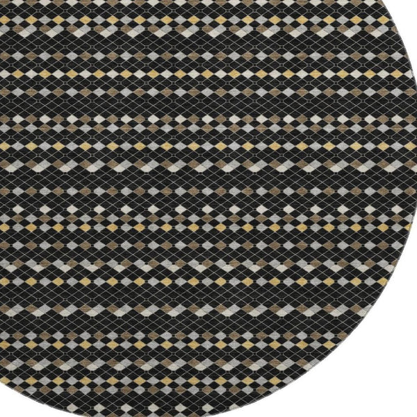 HomeRoots 8' X 8' Striking Black Gold Silver Striped Round Rug - Washable, Stain-Resistant, UV Protected! 693513