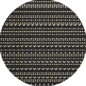 HomeRoots 8' X 8' Striking Black Gold Silver Striped Round Rug - Washable, Stain-Resistant, UV Protected! 693513