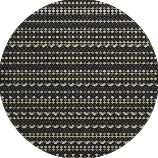 HomeRoots 8' X 8' Striking Black Gold Silver Striped Round Rug - Washable, Stain-Resistant, UV Protected! 693513