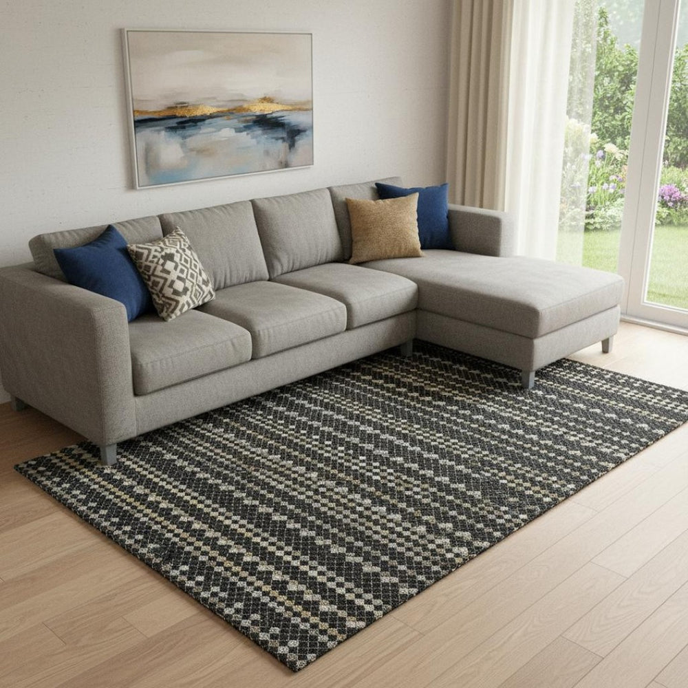 HomeRoots 8' Striped Washable Area Rug in Black, Gold & Silver – UV Protected, Non-Slip, Durable & Stylish! 693514