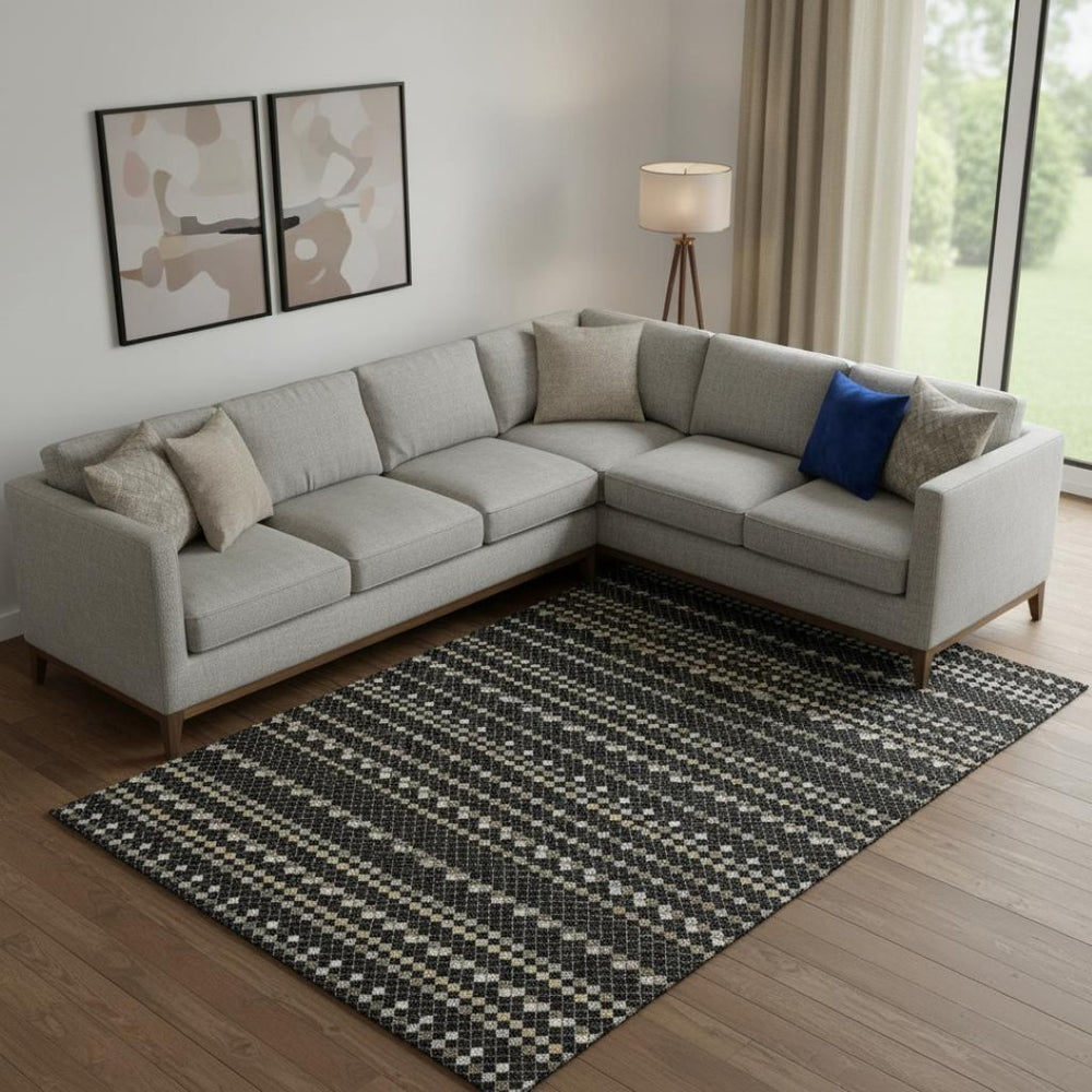 HomeRoots 9' X 12' Striped Black, Gold & Silver Area Rug - Washable, UV Protected, Stain Resistant & Durable! 693515