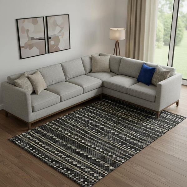 HomeRoots 9' X 12' Striped Black, Gold & Silver Area Rug - Washable, UV Protected, Stain Resistant & Durable! 693515