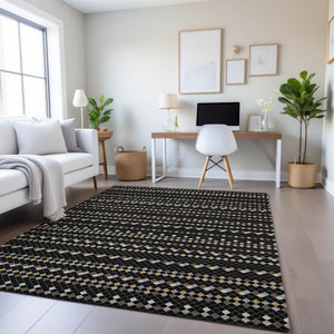 HomeRoots 9' X 12' Striped Black, Gold & Silver Area Rug - Washable, UV Protected, Stain Resistant & Durable! 693515