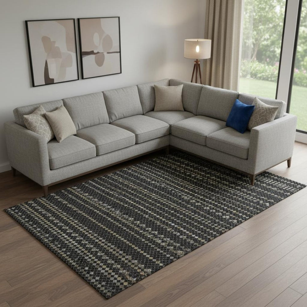 HomeRoots 10' X 14' Striking Black Gold and Silver Striped Washable Area Rug with UV Protection and Durability 693516