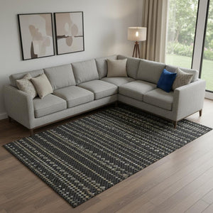 HomeRoots 10' X 14' Striking Black Gold and Silver Striped Washable Area Rug with UV Protection and Durability 693516