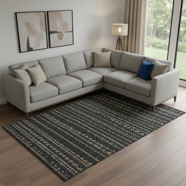 HomeRoots 10' X 14' Striking Black Gold and Silver Striped Washable Area Rug with UV Protection and Durability 693516