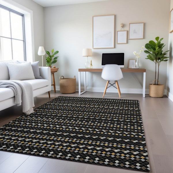 HomeRoots 10' X 14' Striking Black Gold and Silver Striped Washable Area Rug with UV Protection and Durability 693516