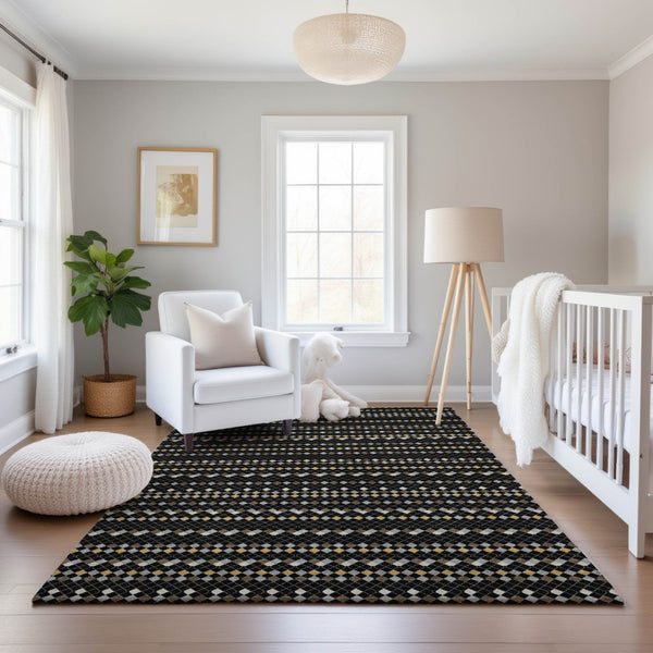 HomeRoots 10' X 14' Striking Black Gold and Silver Striped Washable Area Rug with UV Protection and Durability 693516