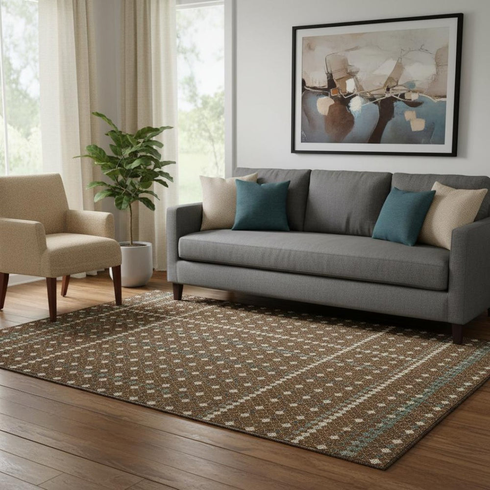 HomeRoots 5' X 8' Striped Washable Area Rug in Brown, Gray & Ivory - UV Resistant, Durable & Easy Care! 693518