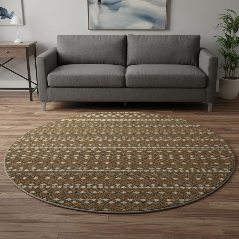HomeRoots 8' Striped Round Rug in Brown, Gray & Ivory – Washable, UV-Protected, Non-Slip for Easy Care & Style 693519