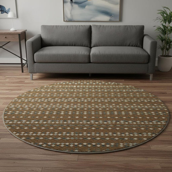 HomeRoots 8' Striped Round Rug in Brown, Gray & Ivory – Washable, UV-Protected, Non-Slip for Easy Care & Style 693519