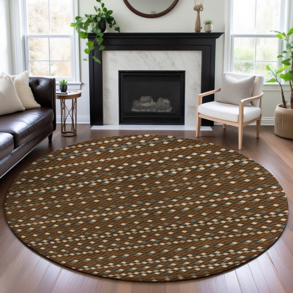 HomeRoots 8' Striped Round Rug in Brown, Gray & Ivory – Washable, UV-Protected, Non-Slip for Easy Care & Style 693519