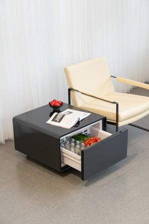 English Elm Modern Coffee Table with Built in Mini Fridge Power Outlets and Beverage Storage Black W1172P483596