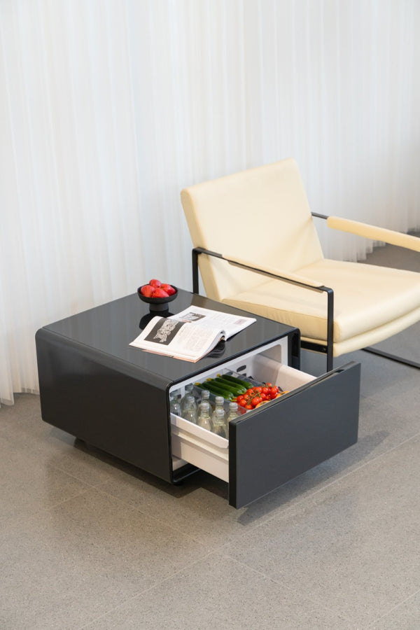 English Elm Modern Coffee Table with Built in Mini Fridge Power Outlets and Beverage Storage Black W1172P483596