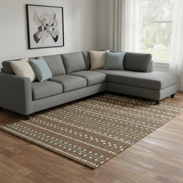 HomeRoots 8' Striped Washable Area Rug in Brown, Gray & Ivory - UV Protected, Stain Resistant, Durable Design 693520