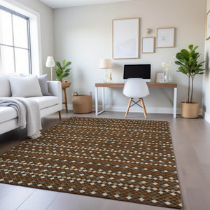 HomeRoots 10' X 14' Striped Washable Area Rug in Brown, Gray & Ivory - UV Protection for Stylish Spaces! 693522