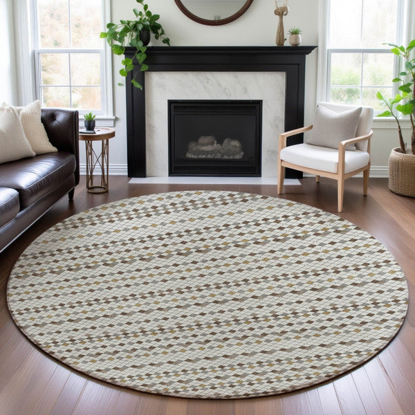 HomeRoots 8' X 8' Washable Round Rug with UV Protection – Striped Ivory, Brown & Gray for Stylish Durability 693525