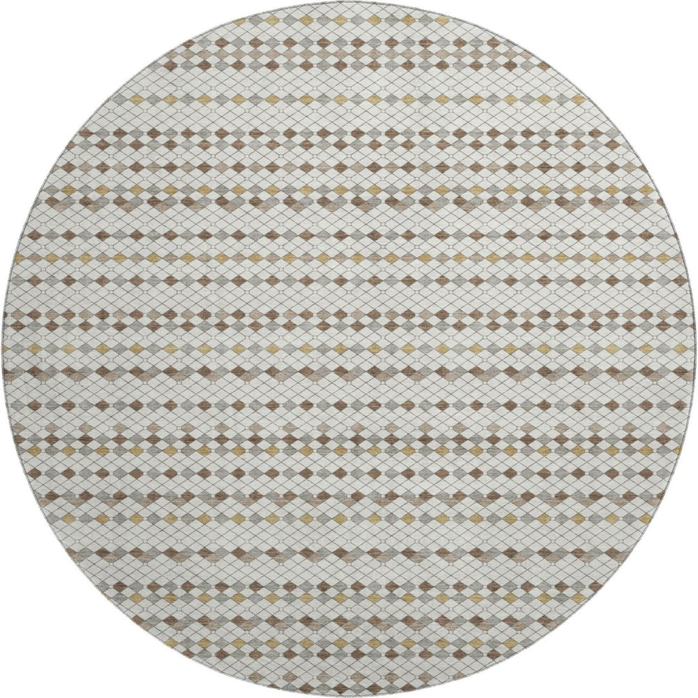 HomeRoots 8' X 8' Washable Round Rug with UV Protection – Striped Ivory, Brown & Gray for Stylish Durability 693525