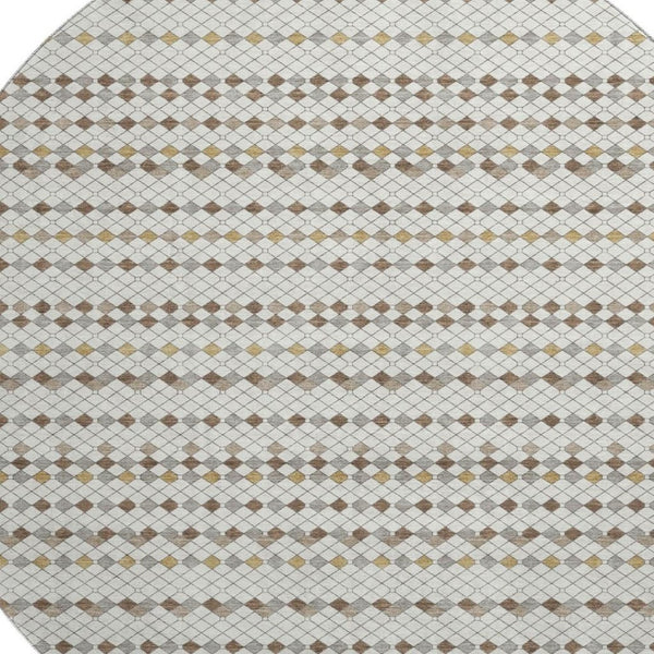 HomeRoots 8' X 8' Washable Round Rug with UV Protection – Striped Ivory, Brown & Gray for Stylish Durability 693525