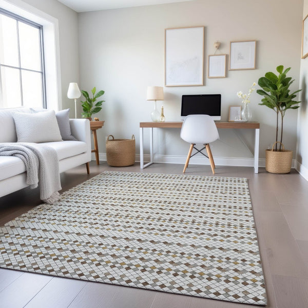 HomeRoots 9' X 12' Ivory Brown & Gray Striped Area Rug - Washable, Stain Resistant, UV Protected for Homes 693527
