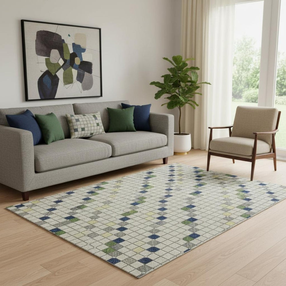 HomeRoots 5' X 8' Stylish Linen Green & Blue Striped Washable Area Rug - Durable, UV Protected & Easy Care! 693530