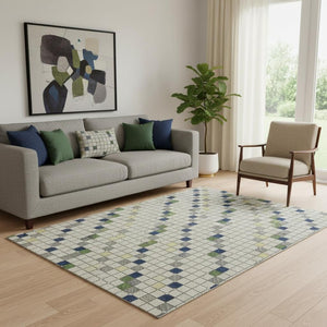 HomeRoots 5' X 8' Stylish Linen Green & Blue Striped Washable Area Rug - Durable, UV Protected & Easy Care! 693530