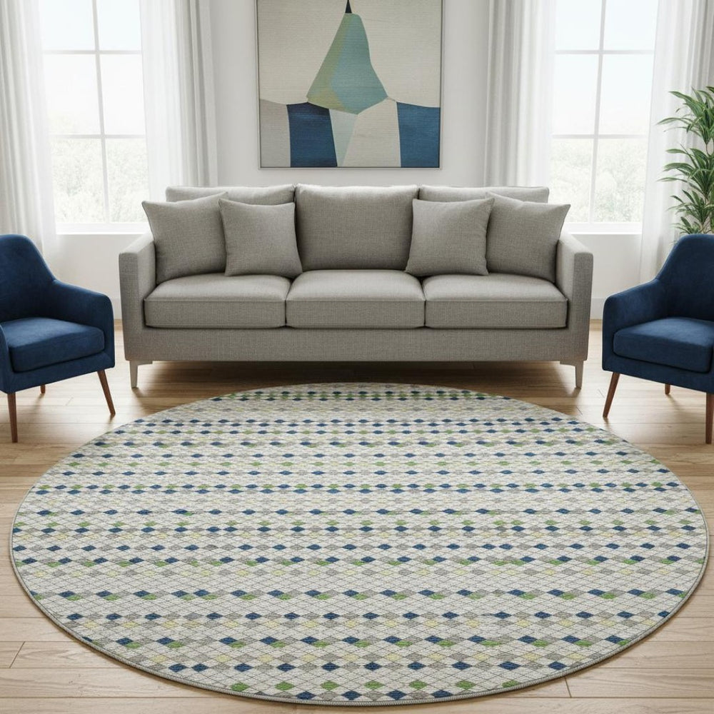 HomeRoots 8' X 8' Stylish Linen Green & Blue Striped Washable Round Rug with UV Protection for Any Room 693531