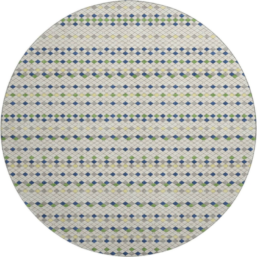 HomeRoots 8' X 8' Stylish Linen Green & Blue Striped Washable Round Rug with UV Protection for Any Room 693531