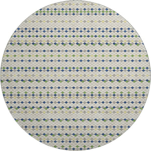 HomeRoots 8' X 8' Stylish Linen Green & Blue Striped Washable Round Rug with UV Protection for Any Room 693531
