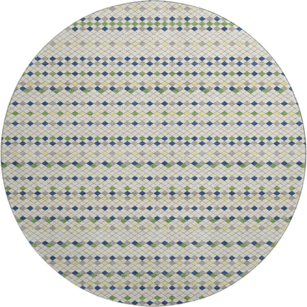 HomeRoots 8' X 8' Stylish Linen Green & Blue Striped Washable Round Rug with UV Protection for Any Room 693531