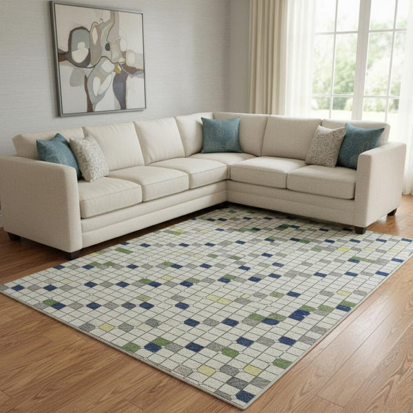 HomeRoots 8' Washable Area Rug in Linen Green & Blue Stripes – UV Protected, Durable, and Stylish for Homes 693532