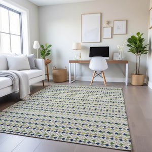 HomeRoots 8' Washable Area Rug in Linen Green & Blue Stripes – UV Protected, Durable, and Stylish for Homes 693532