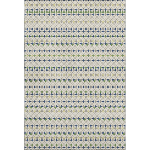 HomeRoots 8' Washable Area Rug in Linen Green & Blue Stripes – UV Protected, Durable, and Stylish for Homes 693532