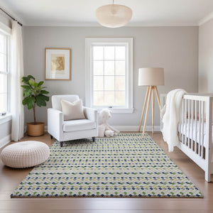 HomeRoots 8' Washable Area Rug in Linen Green & Blue Stripes – UV Protected, Durable, and Stylish for Homes 693532