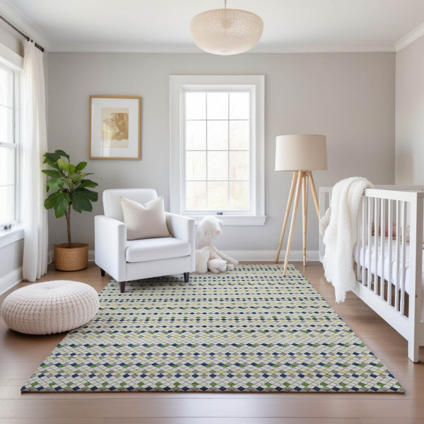 HomeRoots 8' Washable Area Rug in Linen Green & Blue Stripes – UV Protected, Durable, and Stylish for Homes 693532