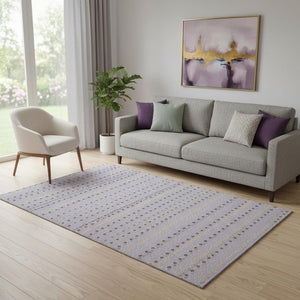 HomeRoots 5' X 8' Striped Area Rug in Lavender, Gold & Gray - Washable, UV-Protected for Family Spaces! 693536