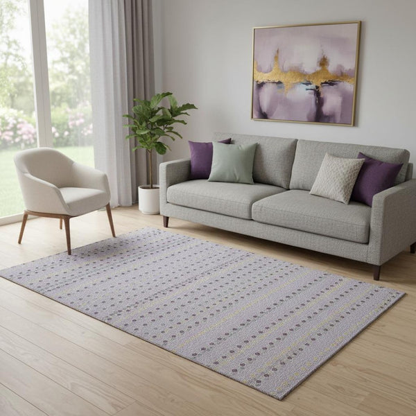 HomeRoots 5' X 8' Striped Area Rug in Lavender, Gold & Gray - Washable, UV-Protected for Family Spaces! 693536