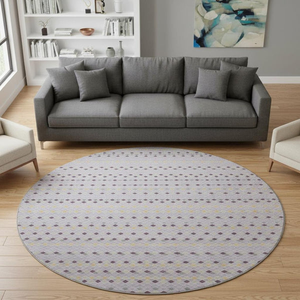 HomeRoots 8' X 8' Stylish Lavender, Gold & Gray Striped Washable Round Rug with UV Protection & Durability 693537