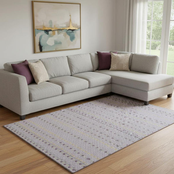HomeRoots 8' Striped Area Rug in Lavender, Gold & Gray - Washable, UV Protected, Ideal for High-Traffic Spaces! 693538
