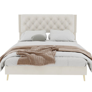 English Elm Velvet Tufted Queen Platform Bed Diamond Headboard for Elegant Master Bedroom W1935P361008