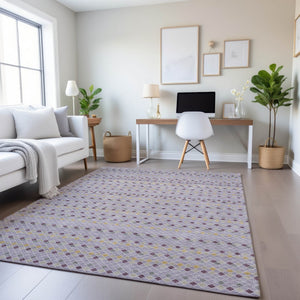 HomeRoots 9' X 12' Stylish Lavender Gold Gray Striped Area Rug with UV Protection & Non-Slip Backing 693539