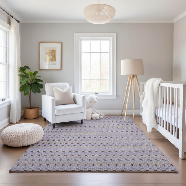 HomeRoots 9' X 12' Stylish Lavender Gold Gray Striped Area Rug with UV Protection & Non-Slip Backing 693539